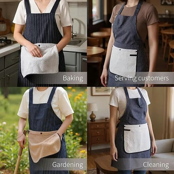 Unisex Cross-Back Kitchen Apron with Pockets and Detachable Hand Towel