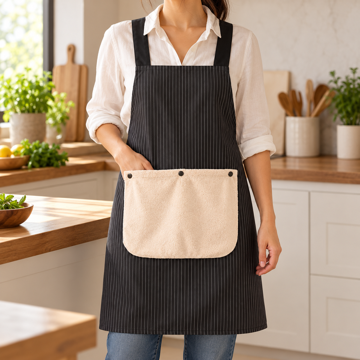 Unisex Cross-Back Kitchen Apron with Pockets and Detachable Hand Towel