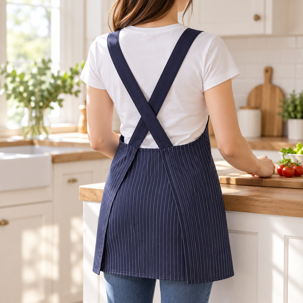 Unisex Cross-Back Kitchen Apron with Pockets and Detachable Hand Towel