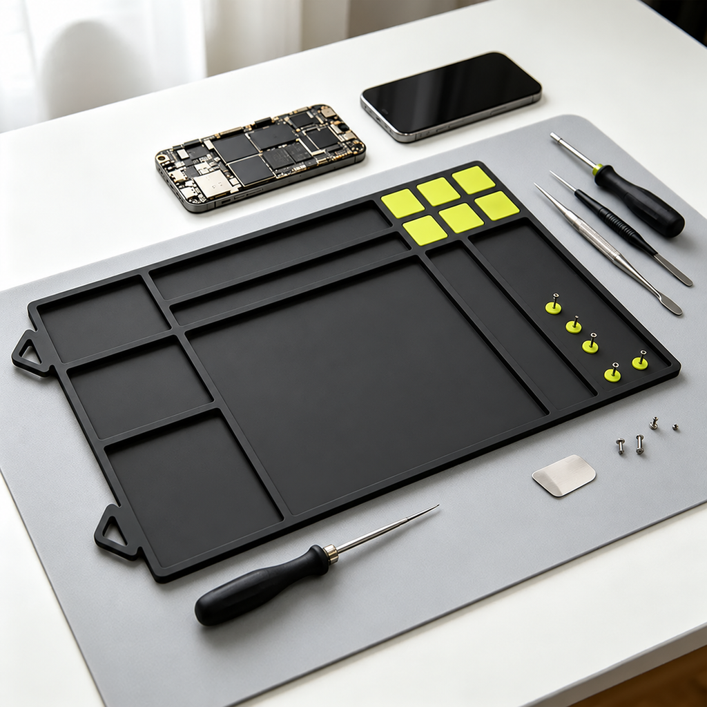 Black repair mat with tools and phone components
