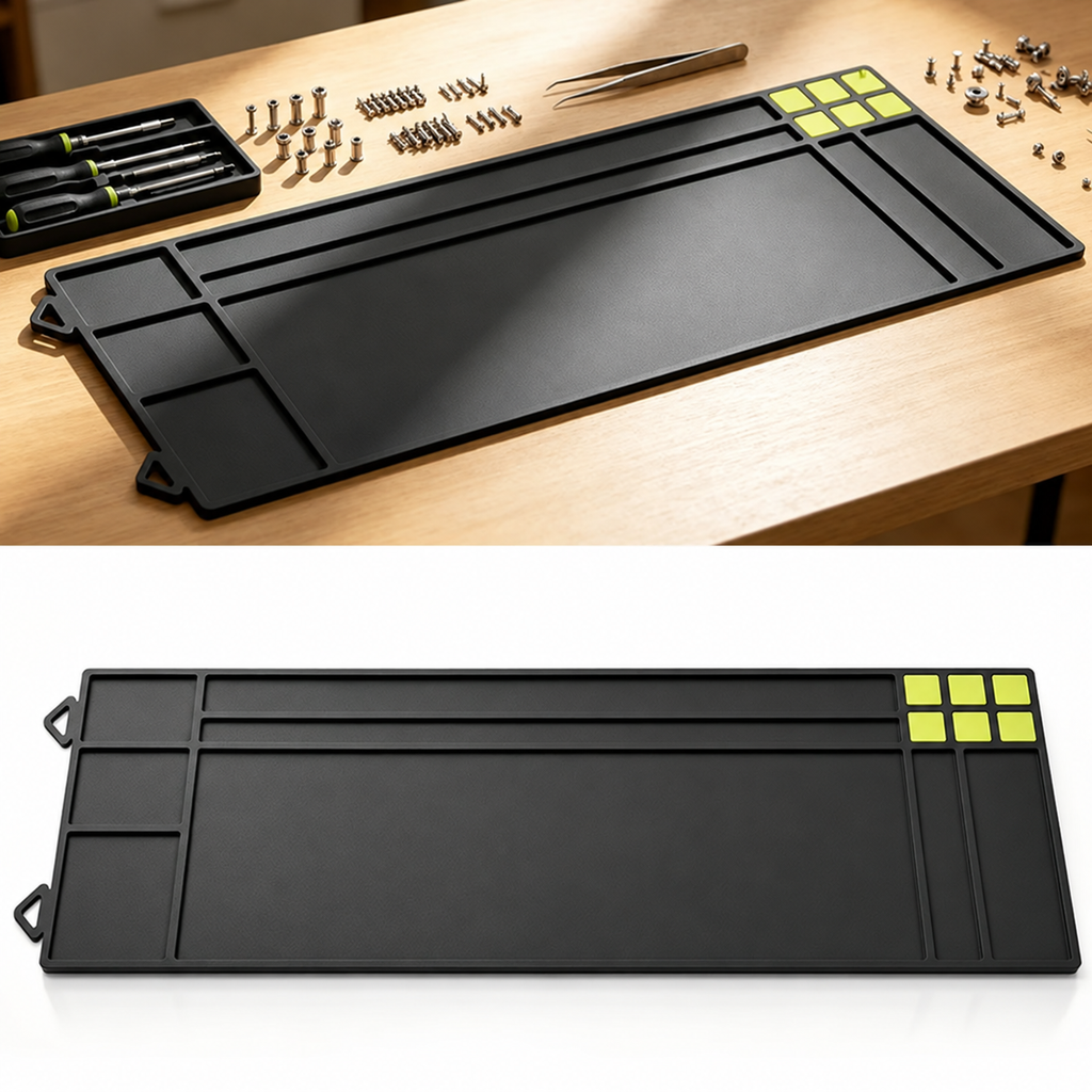 Black repair mat on a workbench and isolated product view