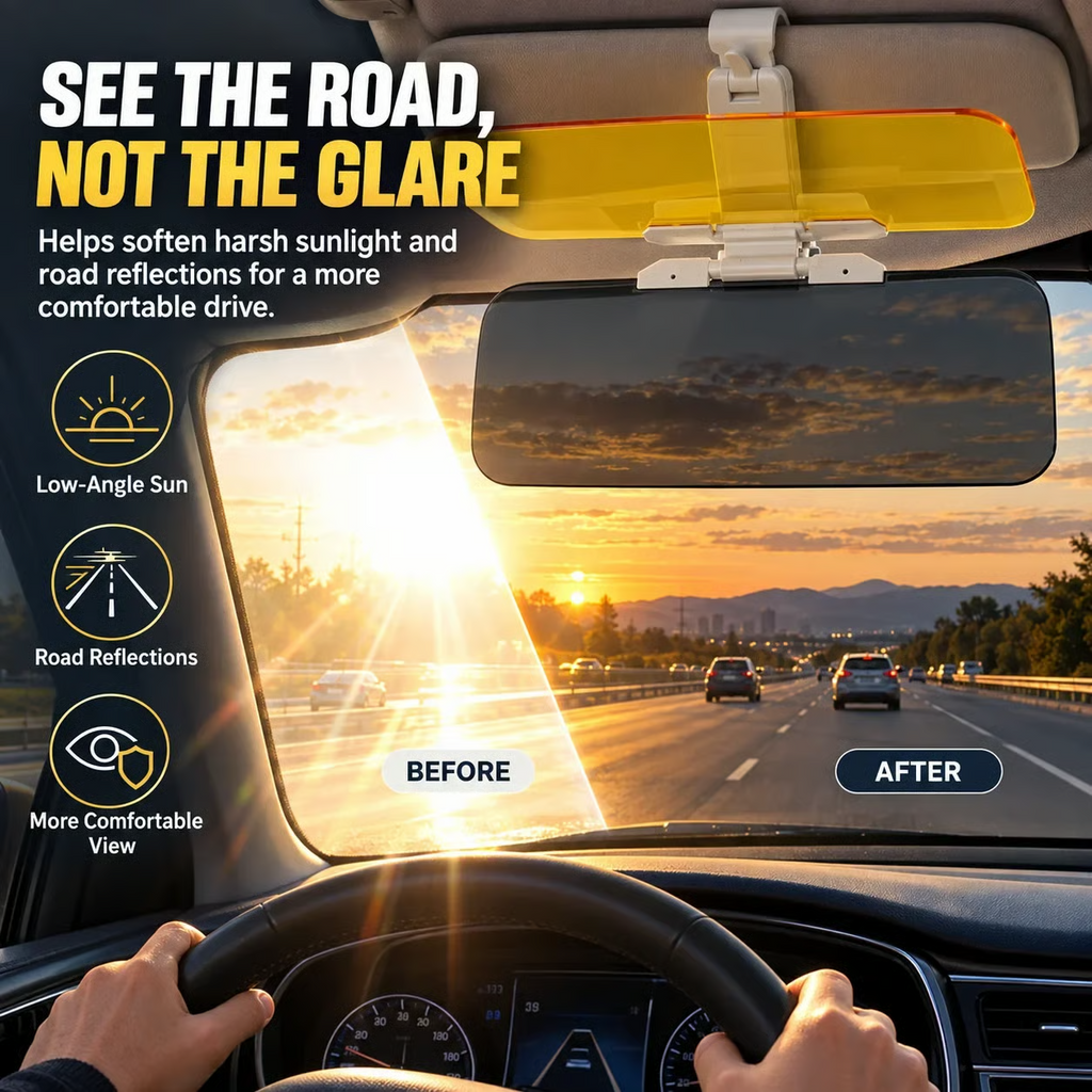 Visor extender with dark and yellow fold-down lenses above a sunlit road