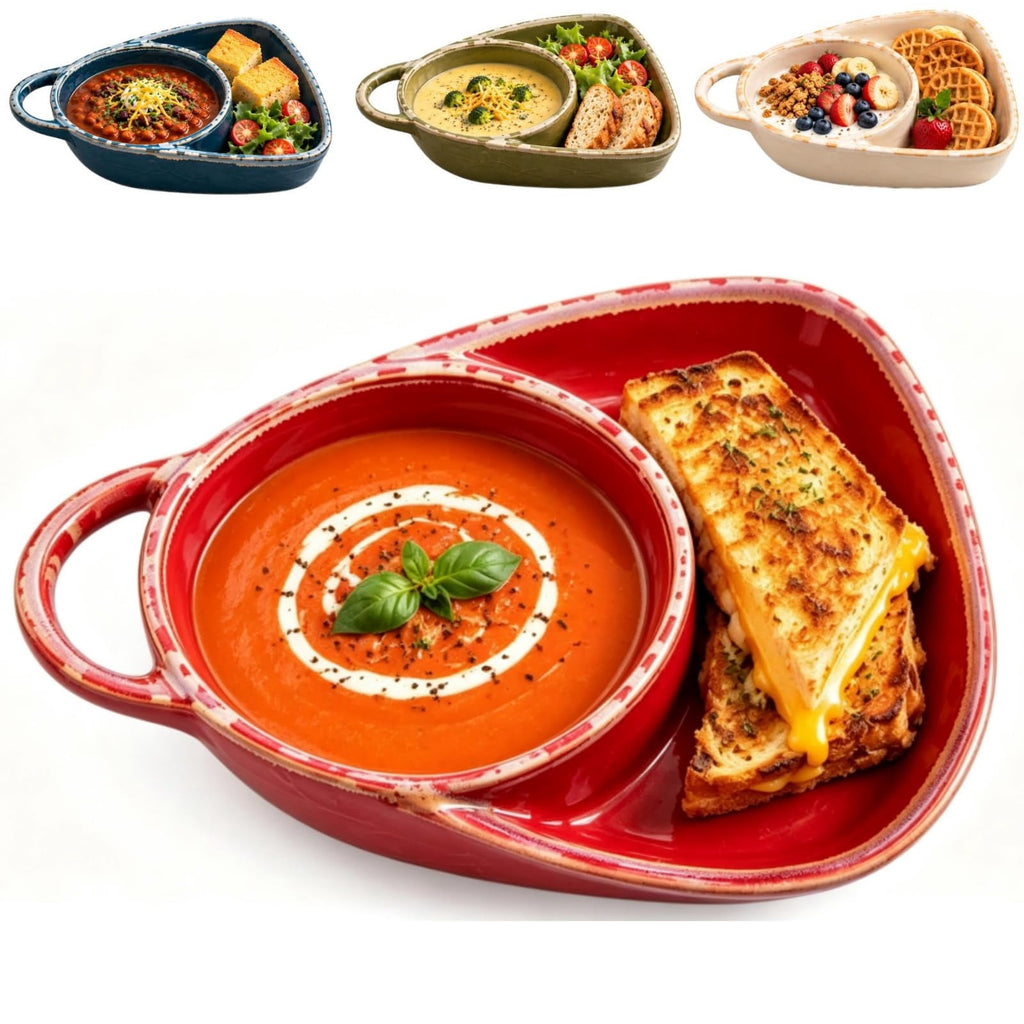 Burgundy retro ceramic divided breakfast plate with handle