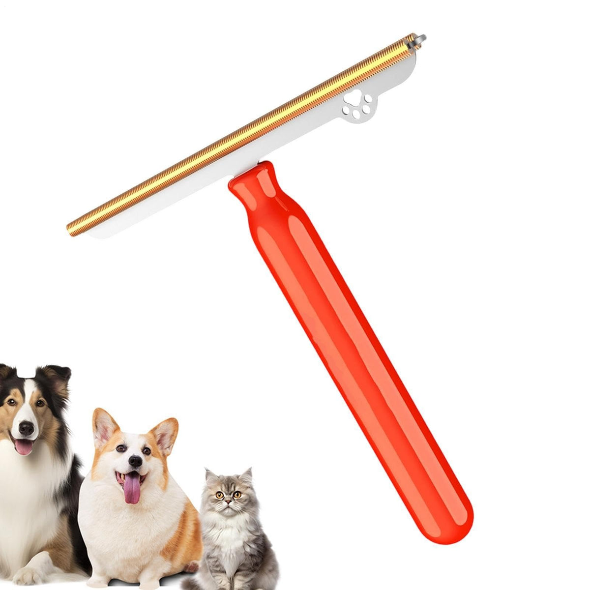 Red-handled pet hair scraper on white background