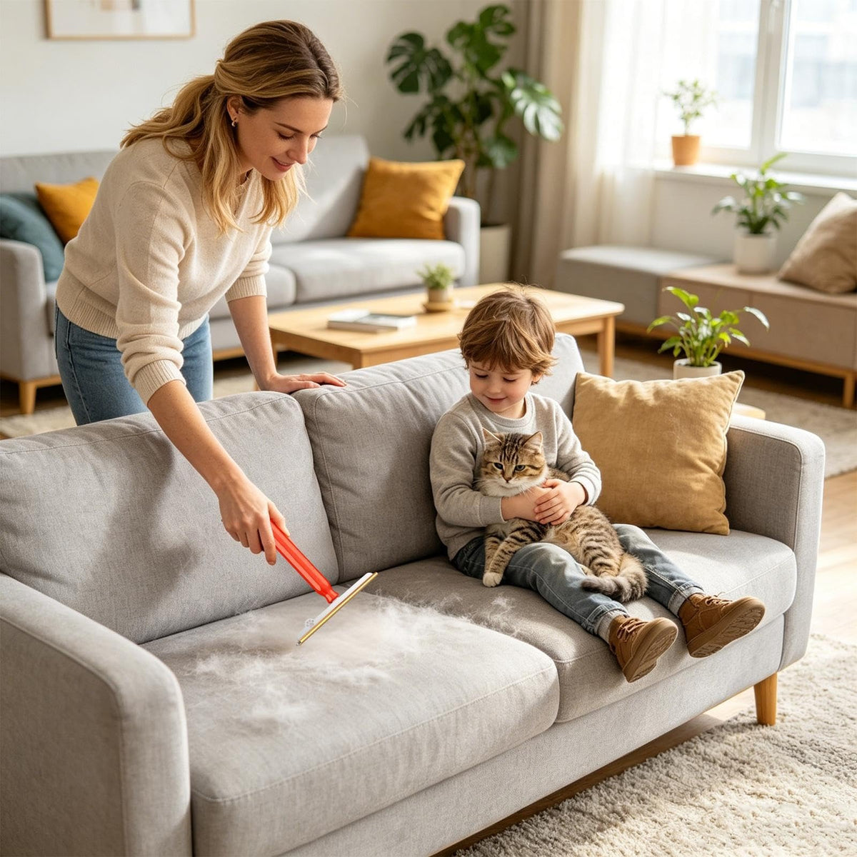 Pet hair scraper used on a sofa