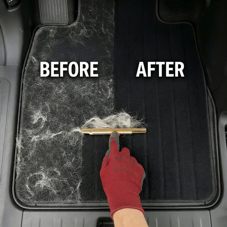 Pet hair on a car mat before and after scraping