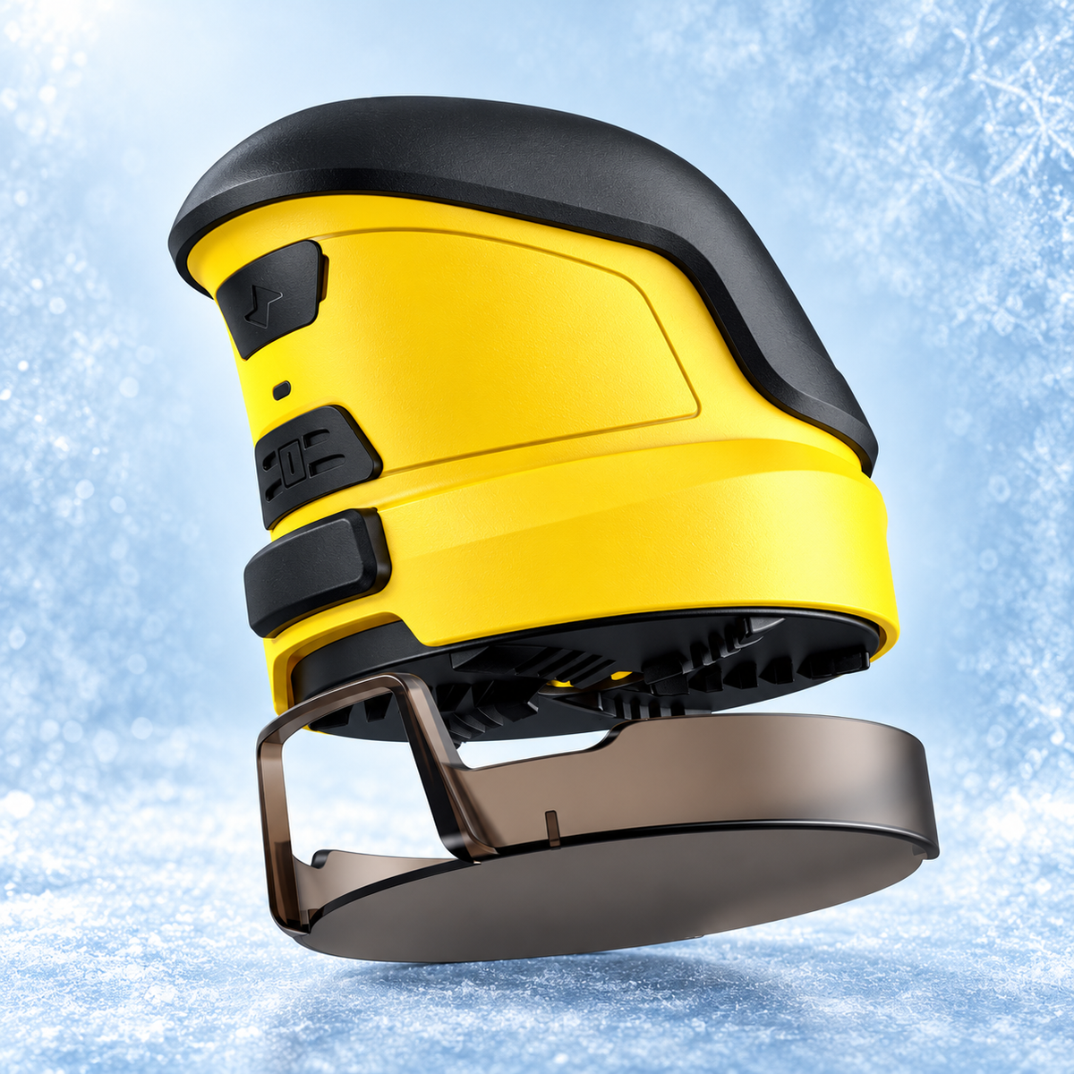 Yellow electric car snow and ice scraper on an icy blue background