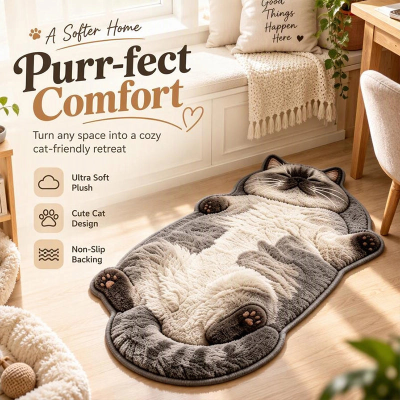 Five cat-shaped rug designs displayed together