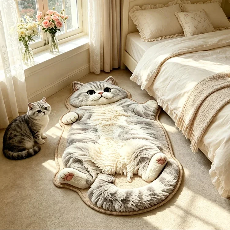 Cat-Shaped Fluffy Floor Mat Non-Slip Bath Rug