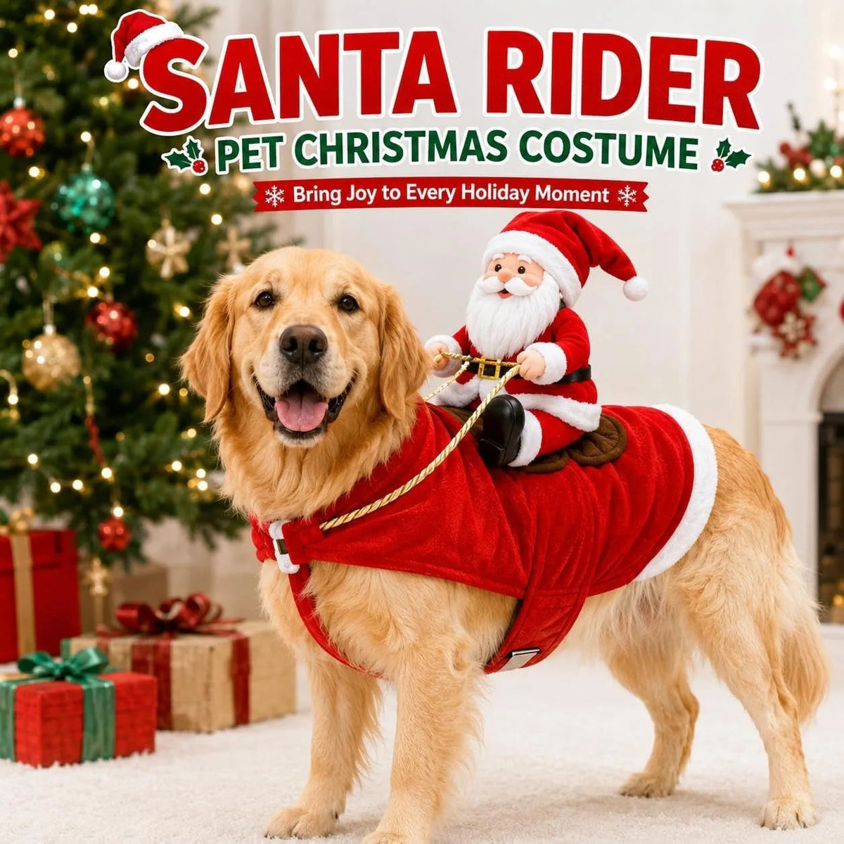 Dog in the red Santa rider costume