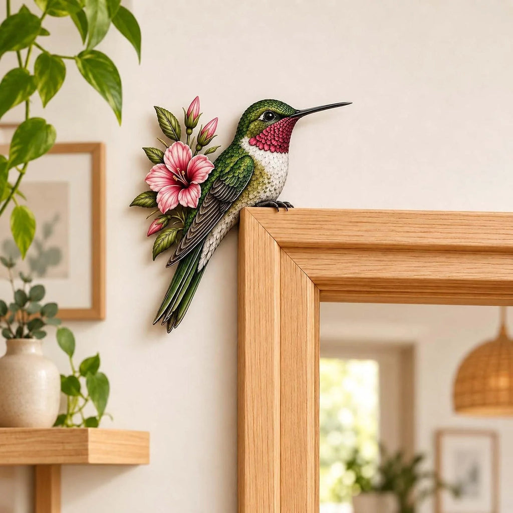Hummingbird beside wooden doorway