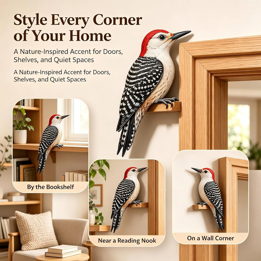 Woodpecker decor in several indoor corners