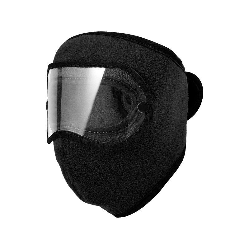 Black face mask with clear goggle lens