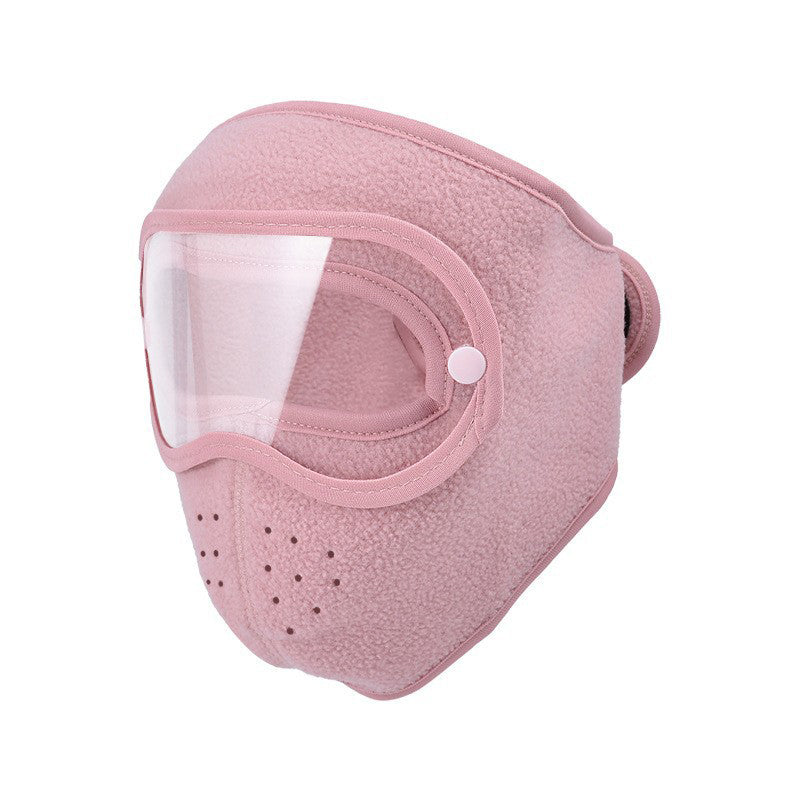 Pink face mask with clear goggle lens
