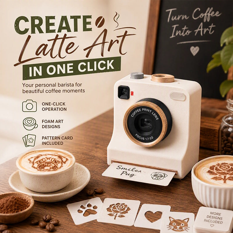 White latte art camera with stencil card