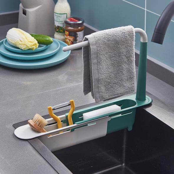 📢📢43% OFF & In Stock⏰ Updated Telescopic Sink Storage Rack – Adjustable Fit, Ventilated Drain & Towel Bar – Keep Your Sink Clean & Tidy ✨